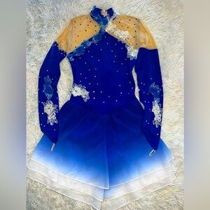 Girls Figure Skating Dress Blue Flowers. Size XS
